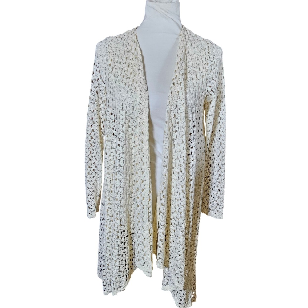 Forever 21 Cream Crochet Knit Duster Cardigan Open Front‎ Long Sleeve Boho